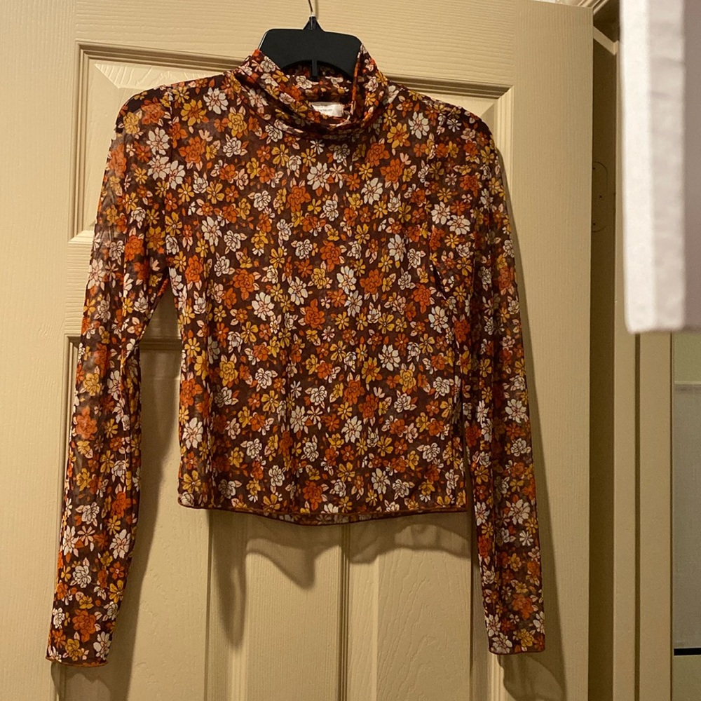 Mesh Altar’d State Flower Fall Orange Turtleneck Top